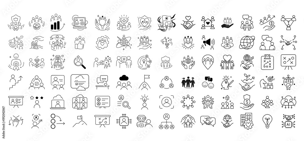 Obraz premium Artificial Intelligence and Business Technology Line Icon Collection. Containing AI Brain, Machine Learning, Data Analysis, Automation, Startup, Teamwork and more icons.