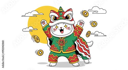 Cute Cat in Traditional Chinese Lion Dance Costume Celebrating Lunar New Year with Gold Coins and Sun