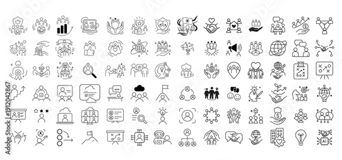 Artificial Intelligence and Business Technology Line Icon Collection. Containing AI Brain, Machine Learning, Data Analysis, Automation, Startup, Teamwork and more icons.