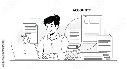 Professional accountant working diligently with a laptop, calculator, and numerous important financial documents signifying meticulous record keeping and analysis
