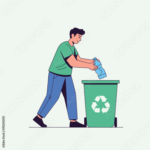 Man Recycling Plastic Bottle into Green Bin with Recycling Symbol