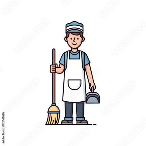 Smiling cleaner man with broom and dustpan, ready for work, isolated on white background