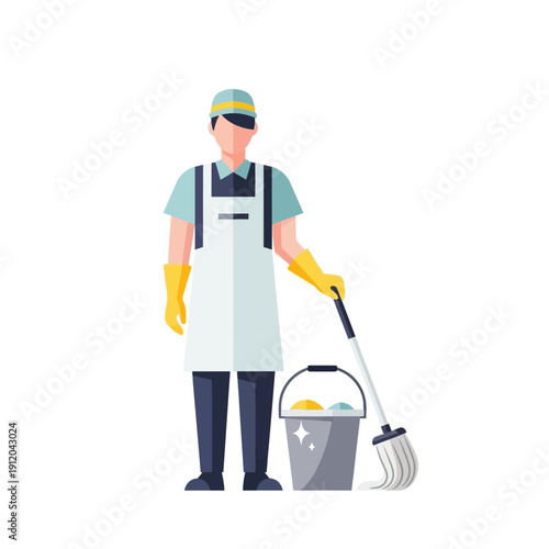 Professional cleaner with mop and bucket, ready for house cleaning service