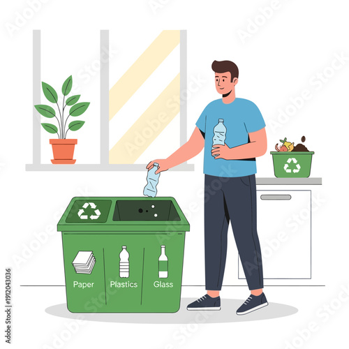 Man Recycling Plastic Bottle into Green Bin with Paper, Plastics, Glass Compartments