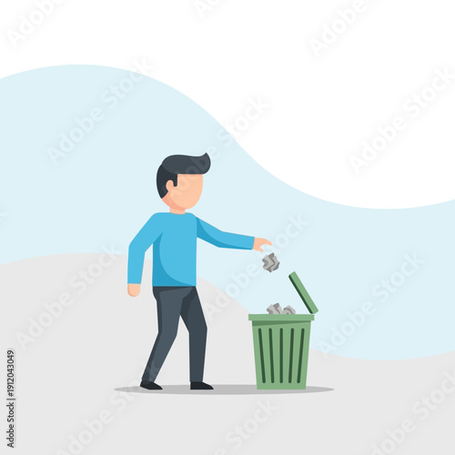 Man Throwing Crumpled Paper Into Green Trash Can, Waste Management Concept