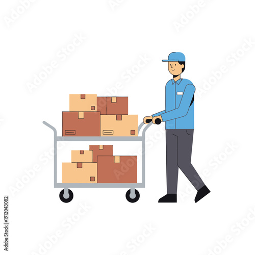 Delivery man pushing cart full of boxes, logistics and shipping concept