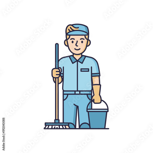 Smiling cleaner man with mop and bucket, ready for work