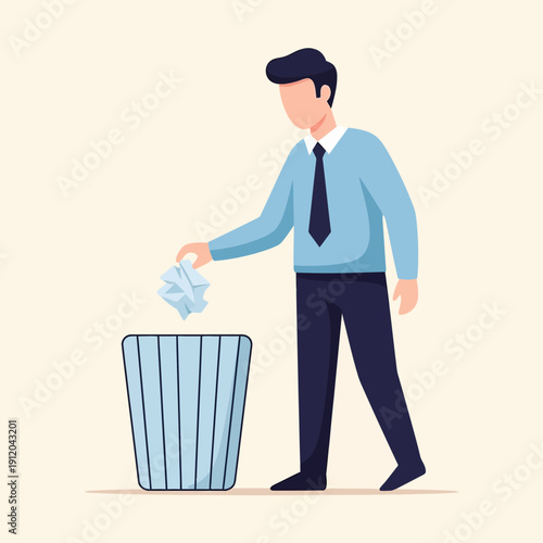 Man throwing crumpled paper into trash can, office waste disposal, recycling concept