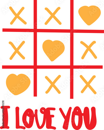 Simple yet charming illustration depicting a game of tic tac toe where golden hearts are competing against yellow Xu suggesting a playful declaration of affection beneath the grid structure.