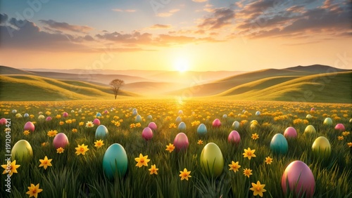 Golden Sunrise Casting Long Shadows Over an Easter Meadow with Gigapixel Detail v2 4x