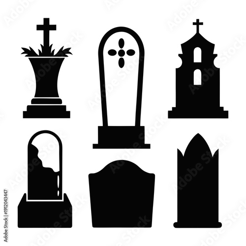 Gravestone, headstone and tombstone icons, tomb stone vector silhouettes. Cemetery or graveyard tombstones with RIP memorial and gothic cross, funeral grave burial and Christian cemetery monumentssilh