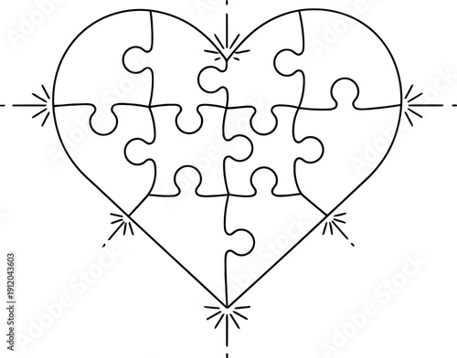 Heart-shaped puzzle with multiple pieces fitting together, surrounded by sparkling rays, symbolizing unity and fulfilled love.