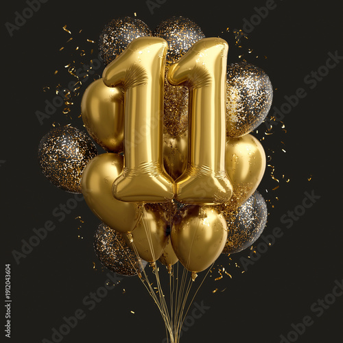 Luxury 3D Golden Number 11 Foil Balloons Bundle with Black Glitter Balloons and Confetti for 11th Birthday or Anniversary Celebration on Dark Background