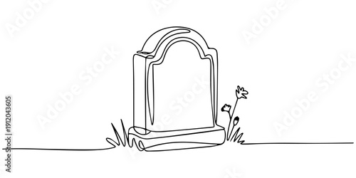 Tombstone with flag continuous one line drawing, Gravestone R.I.P continuous one line art drawing of Halloween, grave, cemetery, death, memorial day, Memorial day background with soldier and graves