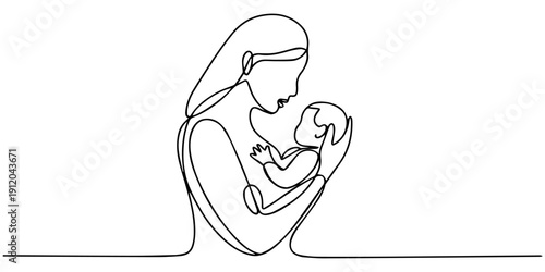 Mother holding baby in one continuous line art style, minimalist family love concept. Editable outline, A woman with a baby in her arms. One line drawing  with alpha channel, self drawing