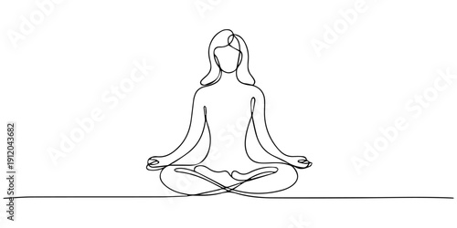 Line art illustration of woman practicing yoga in lotus pose. No editable stroke, Woman sitting in lotus pose yoga. Continuous one line drawing. one line Icon drawing with white background, Drawing