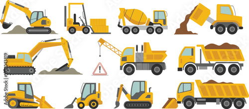 Construction Heavy Equipment Vehicles Set Including Excavator, Bulldozer, Crane, Forklift and Dump Truck Isolated on White Background for Industrial and Engineering Projects