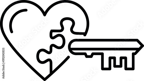 Minimalist icon of a heart with a puzzle piece fitting into it, signifying completeness, unity, and the perfect match in love and relationships.