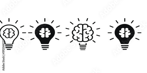 Brain in light bulb icon set. Creative, generating idea, solution , knowledge, lamp - stock vector