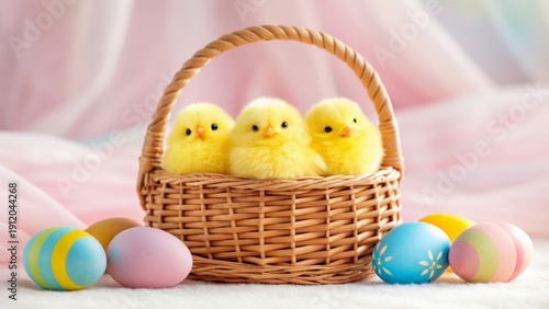 Group of Fluffy Yellow Chicks Peeking Out From Woven Basket, Gigapixel Standard v2 4x