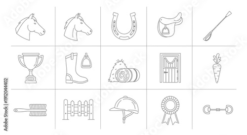 Equestrian Line Icons Set: Horse Riding Gear, Stable Supplies, Competition Awards, and Farm Elements