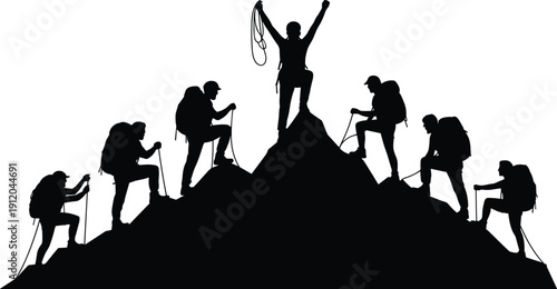 Black silhouette of mountaineers climbing peak with leader celebrating on summit, teamwork and adventure success concept isolated on white background