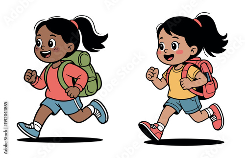 Children Running to School with Bag Cute Vector Illustration EPS 10
