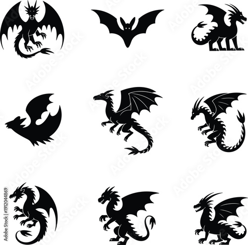 Dragon Silhouette Vector Set Featuring Mythical Creatures Bats and Flying Monsters for Fantasy Games Tattoo Designs Halloween Decor and Graphic Icons