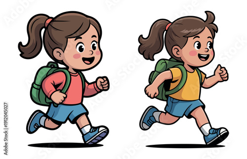 Children Running to School with Bag Cute Vector Illustration EPS 10