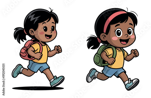 Children Running to School with Bag Cute Vector Illustration EPS 10