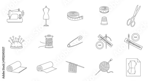 Outline Icons of Sewing and Tailoring Tools, Equipment, and Supplies for Crafting and Handmade Projects.