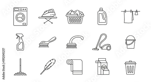 Outline Icons Set for Household Cleaning, Laundry, and Domestic Chores Equipment