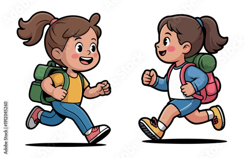 Cute Cartoon School Kids Running with Backpack Vector Illustration EPS 10