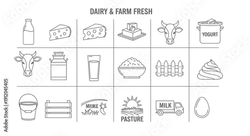 Dairy and Farm Fresh Products Line Icons Set - Milk, Cheese, Cow, and Organic Food Symbols Collection