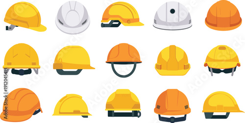 Construction Safety Hard Hat Collection Set in Yellow and Orange Colors Isolated on White Background, Industrial Protective Helmet Icons for Engineering and Building Industry