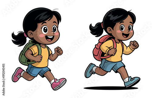 Cute Cartoon School Kids Running with Backpack Vector Illustration EPS 10