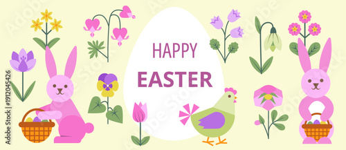 Horizontal Easter banner set featuring pink bunnies, a hen, geometric spring flowers, and a large white egg with greeting text in pastel colors