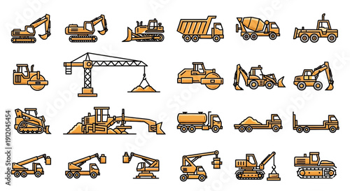 Heavy Construction Vehicles Icons Set: Excavators, Bulldozers, Cranes, Dump Trucks, and Earthmoving Machinery Collection