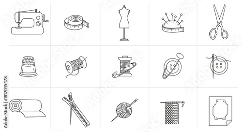 Outline Icons of Sewing Equipment, Tailoring Supplies, and Craft Tools