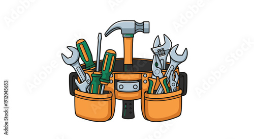 Colorful cartoon illustration of a tool belt filled with various hand tools