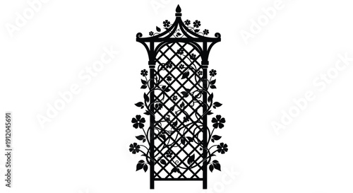 Elegant black metal garden trellis with floral and lattice detailing