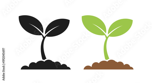Two sprouting seedlings one black and one green represent growth and nature