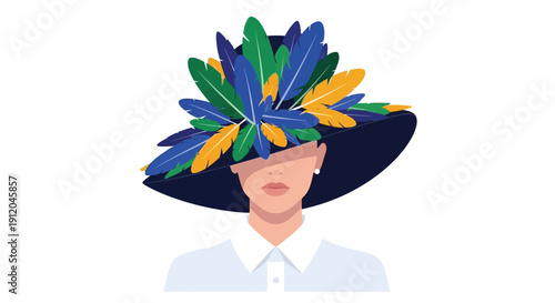 Elegant woman wearing a large black hat adorned with colorful feathers