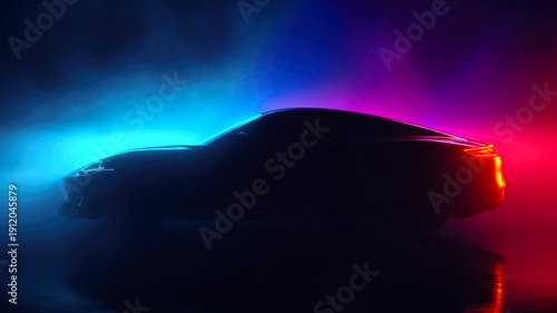 Sleek sport car silhouette with vibrant neon highlights in a dramatic low-light setting.