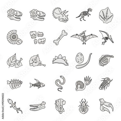 A Comprehensive Collection of Dinosaur and Prehistoric Fossil Icons, Including Skulls, Bones, and Ancient Creatures