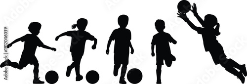 Black silhouette collection of children playing soccer, running and kicking ball with goalkeeper diving, youth sports activity concept isolated on white background