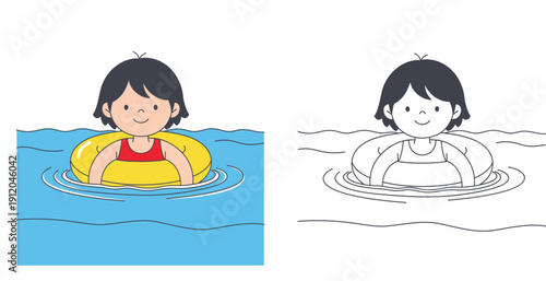 Cute child swimming with yellow inflatable ring vector illustration. Kid in water with coloring page outline black and white sketch for education or activity book.