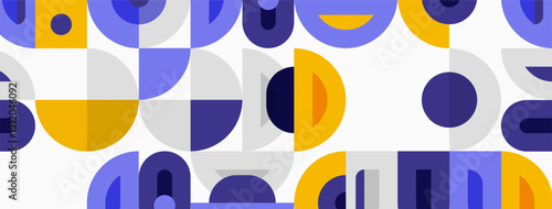 Abstract pattern features overlapping circles, semicircles. Colors include gold, lavender, gray, white. Modern design, simple geometry.