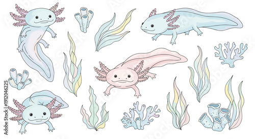 Sheet of cute pink axolotl character stickers