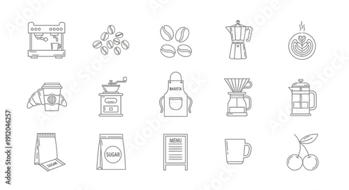Coffee Shop and Barista Tools Line Icons Set, Including Espresso Machine, Beans, and Brewing Equipment.